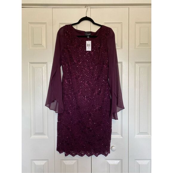 Connected Apparel NWT Cape Long Sleeve Lace Cocktail Dress, Purple, Sz 10 MP $79 - Picture 1 of 11
